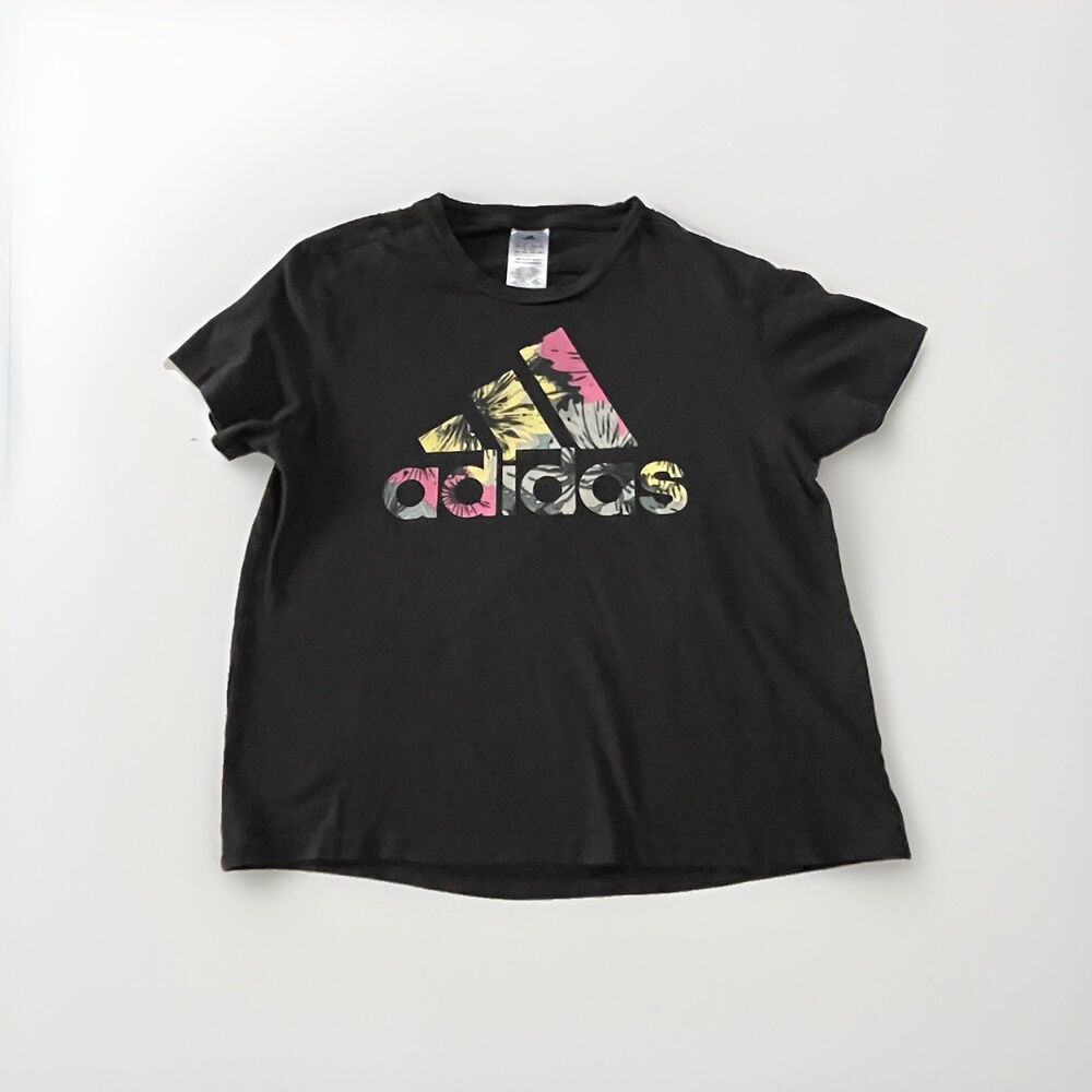 Adidas Women's Size Large Black T-Shirt Floral Badge of Sport Graphic Logo Tee
